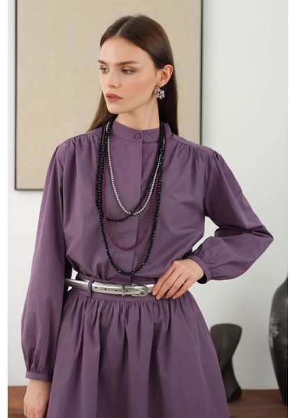 Omzu Büzgülü Poplin Gömlek Retro Violet