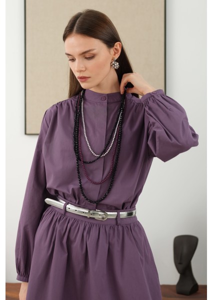 Omzu Büzgülü Poplin Gömlek Retro Violet