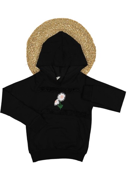 Kız 9/12 Yaş Çiçek Nakışlı Fırfırlı Kapşonlu Sweat