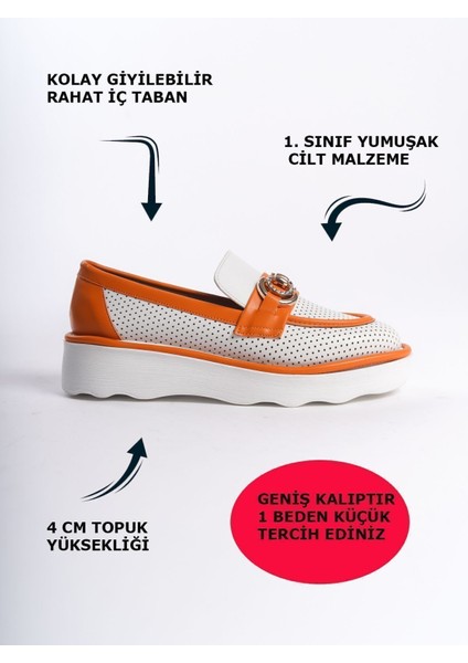 Turuncu Beyaz Önden Taşlı Metal Detaylı Yüksek Taban Günlük Loafer Makosen Kadın Ayakkabı fiyatları