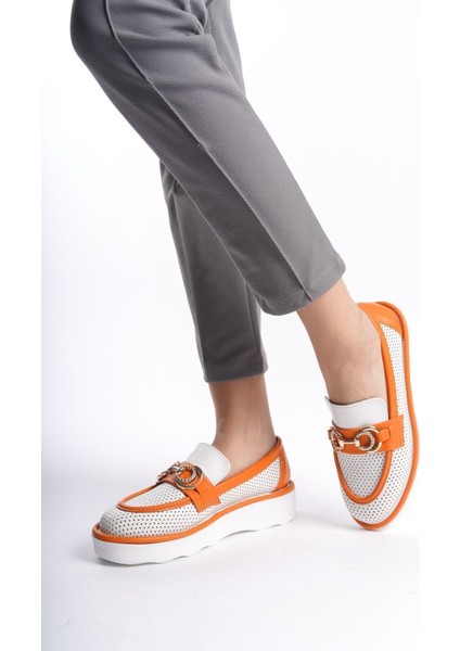 Turuncu Beyaz Önden Taşlı Metal Detaylı Yüksek Taban Günlük Loafer Makosen Kadın Ayakkabı modelleri