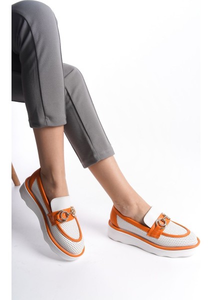 Turuncu Beyaz Önden Taşlı Metal Detaylı Yüksek Taban Günlük Loafer Makosen Kadın Ayakkabı fırsatları