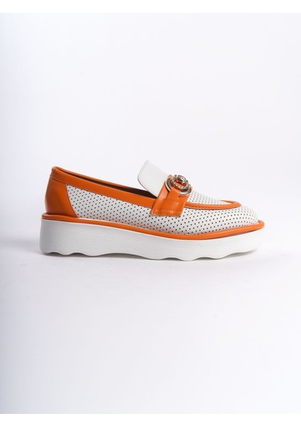 Turuncu Beyaz Önden Taşlı Metal Detaylı Yüksek Taban Günlük Loafer Makosen Kadın Ayakkabı indirimleri