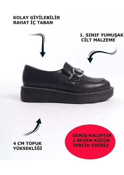 Siyah Önden Metal Detaylı Parlak Şeritli Yüksek Taban Günlük Loafer Makosen Kadın Ayakkabı fiyatları