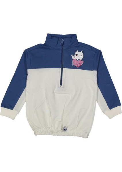 Kız 1/4 Yaş Kalpli Kedi Baskılı Yarım Fermuarlı Sweat