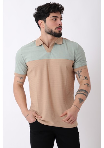 Apaç Yaka Parçalı Desenli Tişört Js C-1026_30424