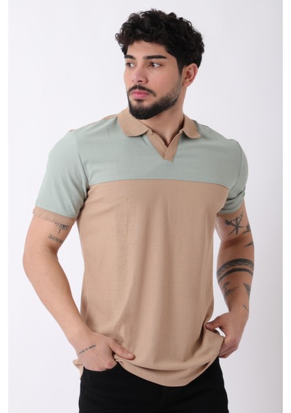 Apaç Yaka Parçalı Desenli Tişört Js C-1026_30424