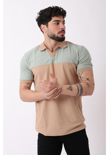 Apaç Yaka Parçalı Desenli Tişört Js C-1026_30424