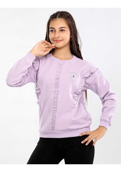 Kız 9/12 Yaş Büzgülü Fırfırlı Kalp Nakışlı Sweat