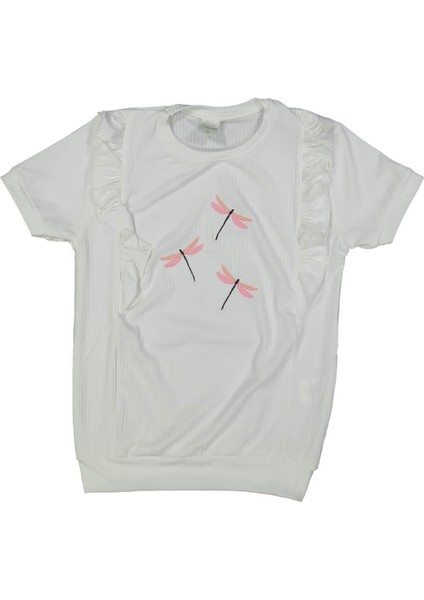 Kız 9/12 Yaş Kenarları Fırfırlı Yusufçuk Nakışlı Kısa Kol Badi