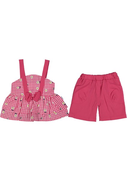 Kız 2/5 Yaş Askılı Papatya Baskılı Piti Kareli Bluz Etek Takım