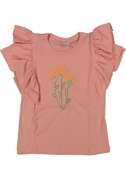 Kız 5/8 Yaş Kenarları Fırfırlı Çiçek Süzineli Kısa Kol Badi
