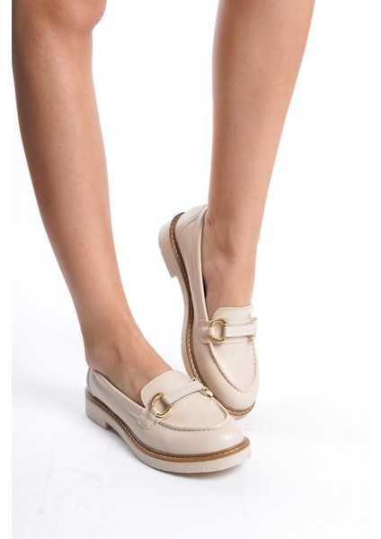 Krem Cilt Önden Toka Detaylı Günlük Makosen Loafer Kadın Ayakkabı