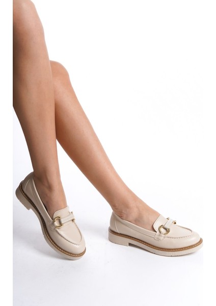 Krem Cilt Önden Toka Detaylı Günlük Makosen Loafer Kadın Ayakkabı modelleri
