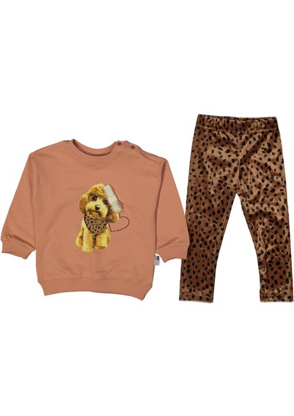 Kız 9/24 Ay Tokalı Köpek Baskılı Taytlı Takım