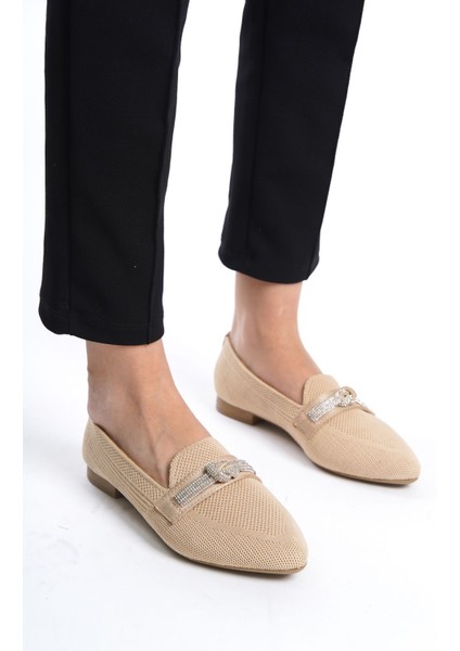 Krem Alçak Taban Triko Düğüm Taş Detaylı Sivri Burunlu Günlük Makosen Babet Loafer Kadın Ayakkabı