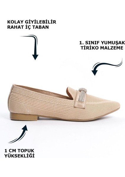 Krem Alçak Taban Triko Düğüm Taş Detaylı Sivri Burunlu Günlük Makosen Babet Loafer Kadın Ayakkabı fiyatları
