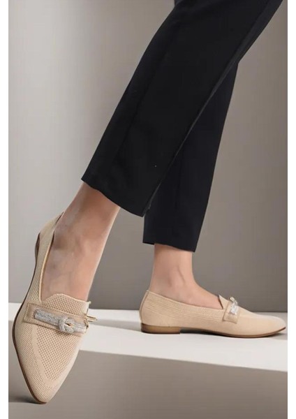 Krem Alçak Taban Triko Düğüm Taş Detaylı Sivri Burunlu Günlük Makosen Babet Loafer Kadın Ayakkabı modelleri