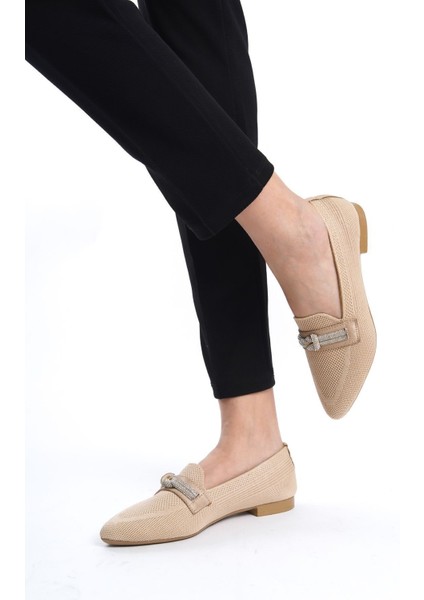 Krem Alçak Taban Triko Düğüm Taş Detaylı Sivri Burunlu Günlük Makosen Babet Loafer Kadın Ayakkabı indirimleri