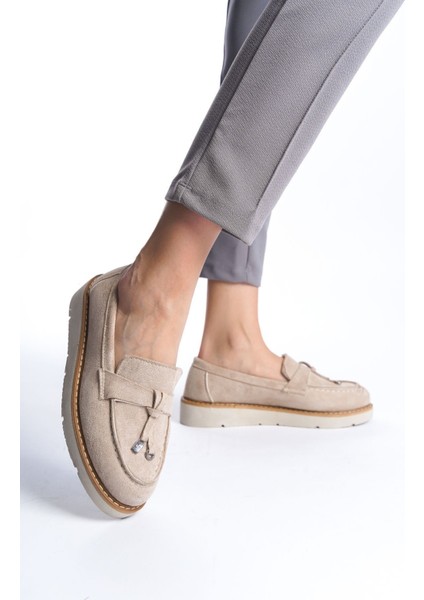 Krem Süet Fiyonk Detaylı Yüksek Eva Tabanlı Kadın Günlük Makosen Loafer Ayakkabı fiyatları