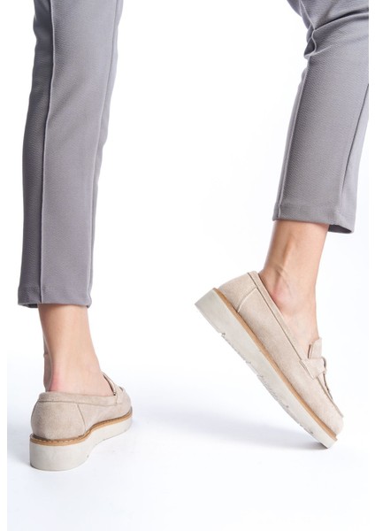 Krem Süet Fiyonk Detaylı Yüksek Eva Tabanlı Kadın Günlük Makosen Loafer Ayakkabı modelleri