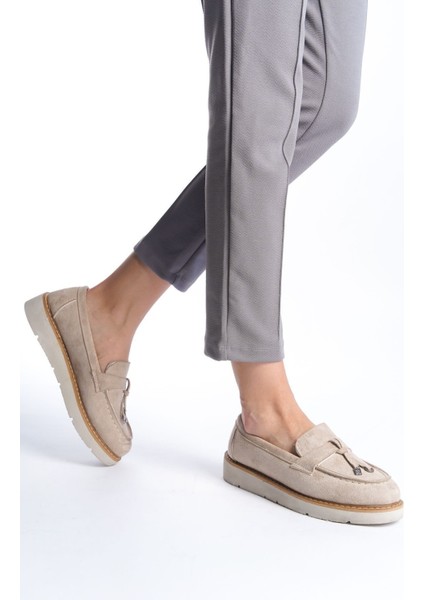 Krem Süet Fiyonk Detaylı Yüksek Eva Tabanlı Kadın Günlük Makosen Loafer Ayakkabı fırsatları