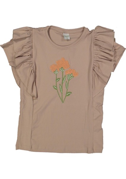 Kız 9/12 Yaş Kenarları Fırfırlı Çiçek Süzineli Kısa Kol Badi
