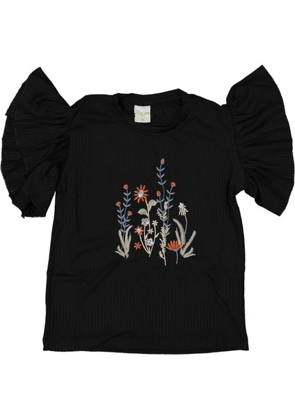 Kız 5/8 Yaş Pullu Çiçek Nakışlı Kısa Kol Badi