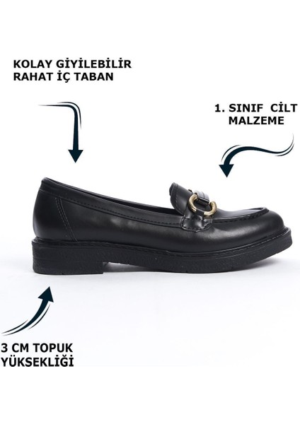 Siyah Cilt Önden Toka Detaylı Günlük Makosen Loafer Kadın Ayakkabı fiyatları