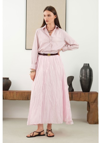 Kraşlı Vual Etek Toz Pembe