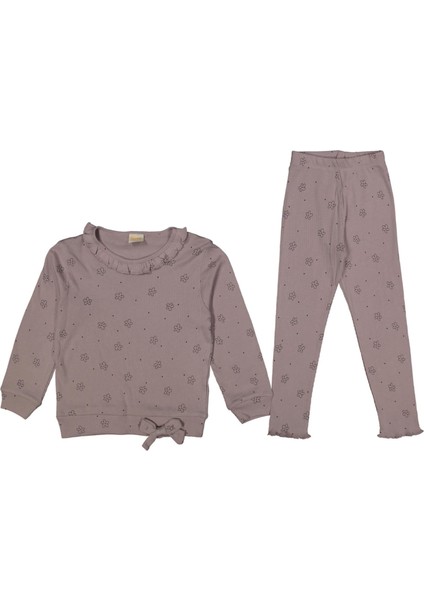 Kız 3/6 Yaş Papatya Baskılı Yaka Fırfırlı Fiyonklu Taytlı Takım