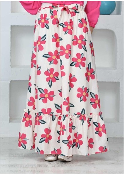 Kız 10/15 Yaş Çiçek Desenli Keten Etek