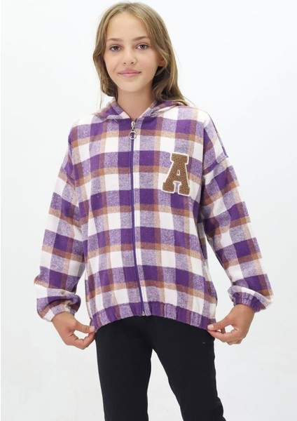 Kız 10/13 Yaş A Nakışlı Fermuarlı Kapşonlu Ekose Ceket