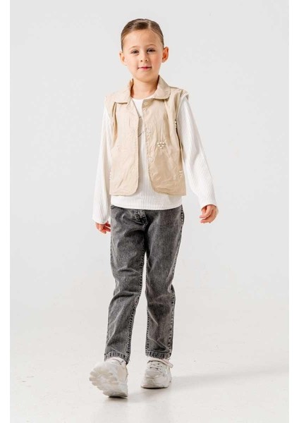 Kız 2/5 Yaş Incili Yelekli Kot Pantolonlu Takım