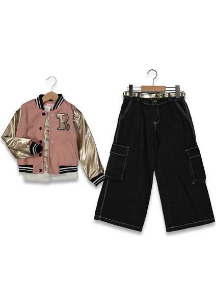 Kız 5/8 Yaş Kaşe Sedefli Taşlı R Baskılı Kolej Ceket 3lü Takım