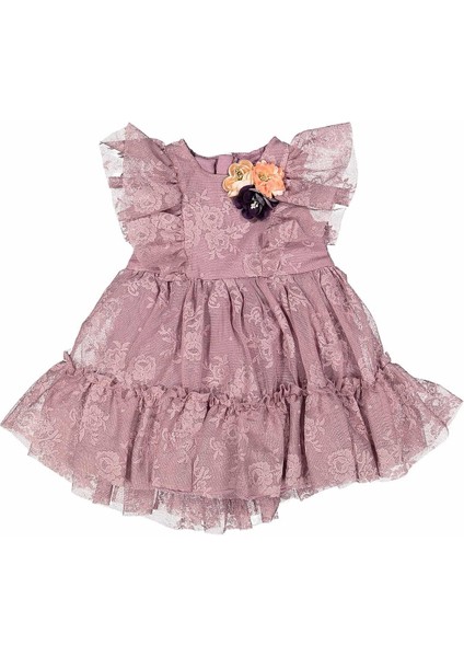 Kız 2/5 Yaş Çiçek Aksesurarlı Fırfırlı Dantel Semantah Elbise