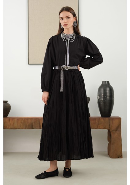 Omzu Büzgülü Poplin Gömlek Siyah