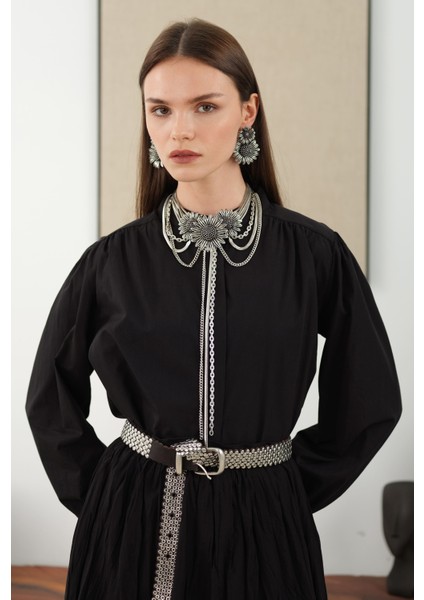 Omzu Büzgülü Poplin Gömlek Siyah modelleri