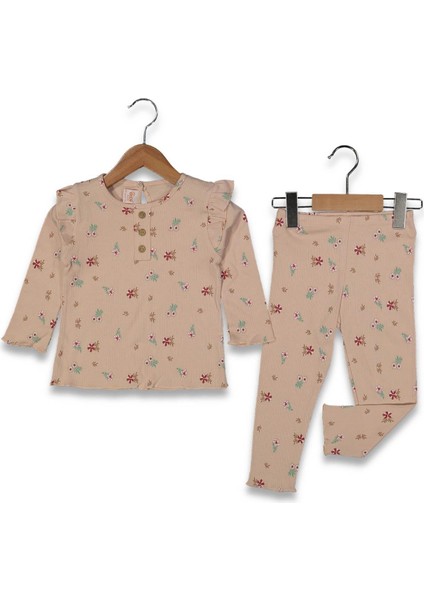 Kız 9/24 Ay Çiçek Baskılı Kol Fırfırlı Düğmeli Interlok Takım