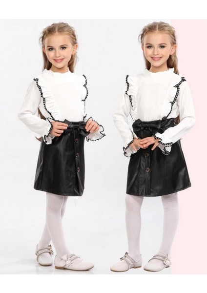 Kız 3/6 Yaş Deri Etekli Fırfırlı Gömlek Ikili Takı