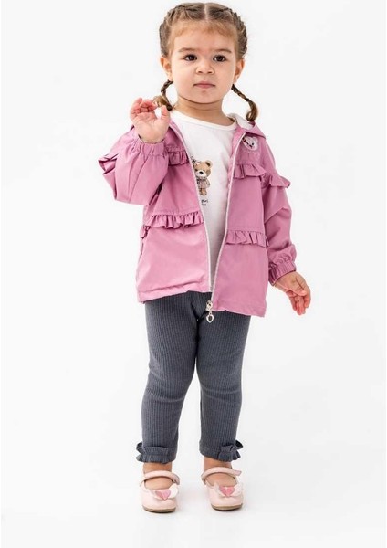Kız 1/4 Yaş Pink Bear Nakışlı Yağmurluk 3’lü Takım