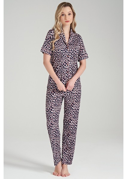 Egeteks Kadın Viskon Gömlek Yakalı Desenli Düz Paça Pijama Takımı