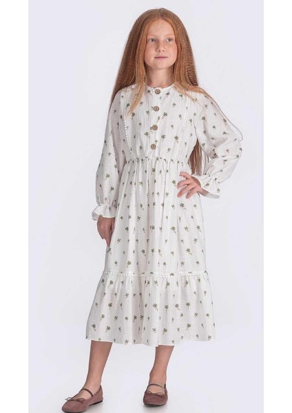 Kız 10/16 Yaş Düğmeli Çiçekli Elbise