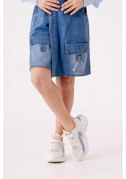 Kız 10/15 Yaş Şeritli Şort Kot Etek