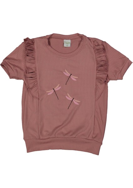 Kız 5/8 Yaş Kenarları Fırfırlı Yusufçuk Nakışlı Kısa Kol Badi