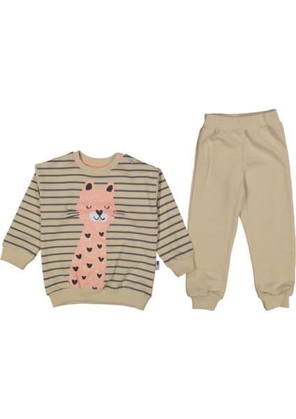 Kız 3/6 Yaş Çizgili Kedi Baskılı 2ip Takım
