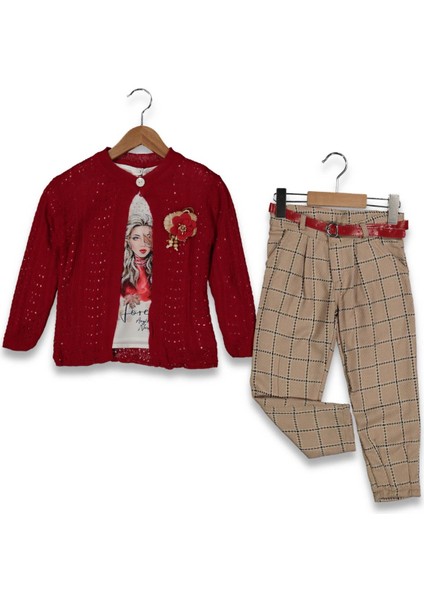 Kız 5/8 Yaş Triko Hırkalı Ekose Pantolonlu 3lü Takım