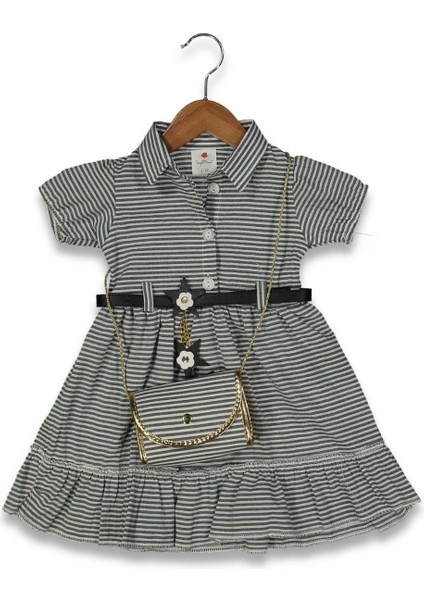 Kız 1/3 Yaş Çizgili Kemerli Çantalı Elbise