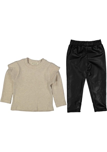 Kız 6/9 Yaş Incili Fitilli Deri Pantolonlu Takım