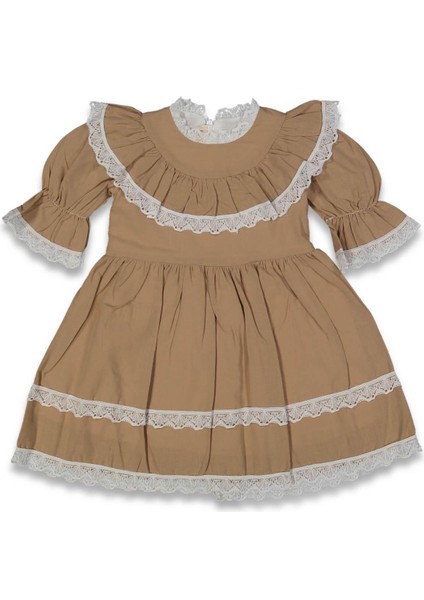 Kız 2/5 Yaş Keten Uzun Kollu Dantelli Elbise